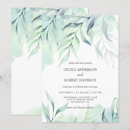 Dusty Blue & Sage Green Watercolor Ferns Wedding Einladung
