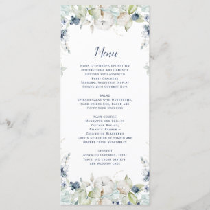 Dusty Blue Sage Green Watercolor Winter Floral Menükarte