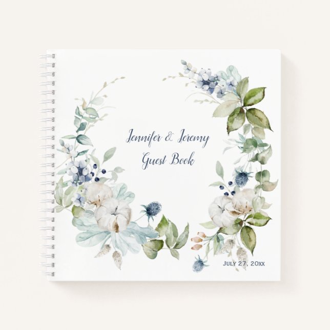 Dusty Blue Sage Green Winter Floral Gästebuch Notizbuch (Vorderseite)