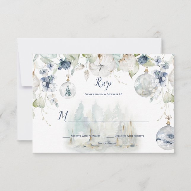 Dusty Blue Sage Green Winter Floral Snow Globes RSVP Karte (Vorderseite)