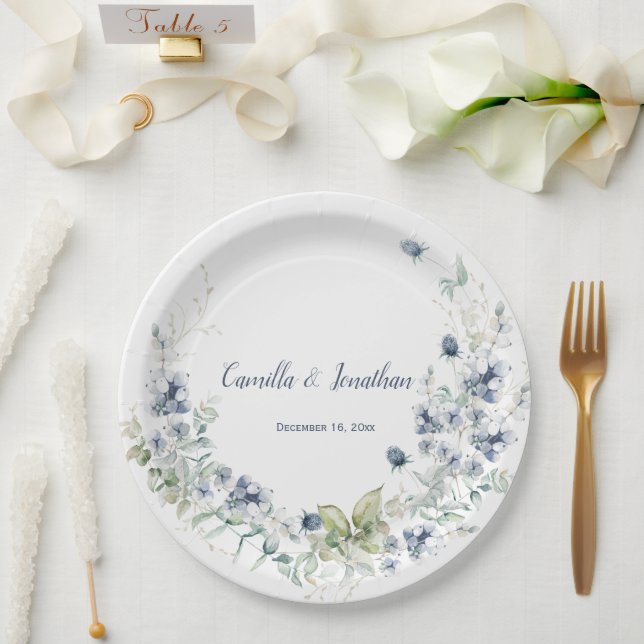 Dusty Blue Sage Green Winter Floral Wedding Pappteller (Hochzeit)