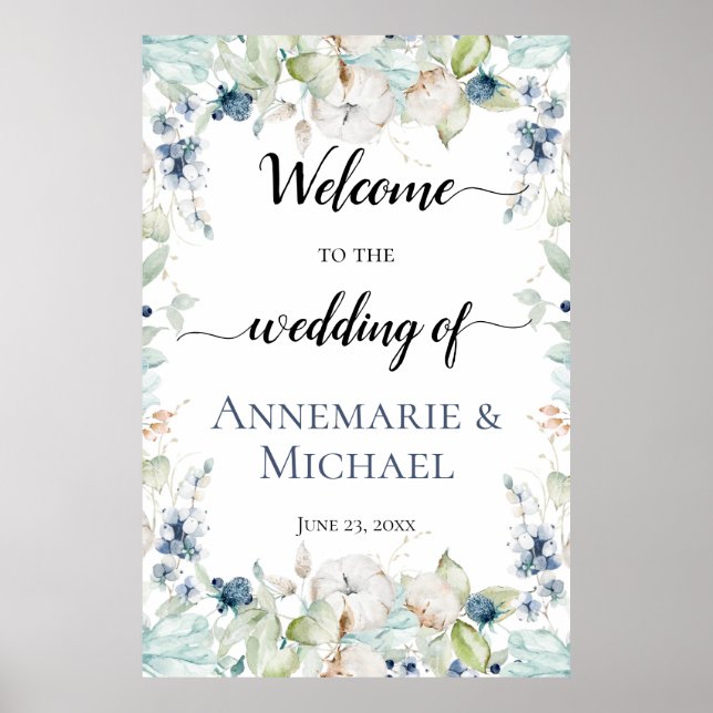 Dusty Blue Sage Green Winter Floral Wedding Poster (Vorne)