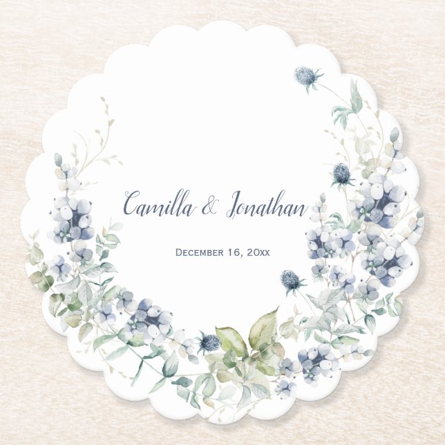 Dusty Blue Sage Green Winter Floral Wedding Untersetzer (Vorderseite)