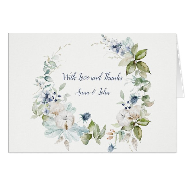 Dusty Blue Sage Green Winter Wedding Vielen Dank (Vorderseite (Horizontal))