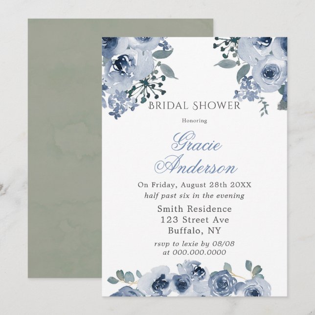 Dusty Blue Sage Painted Peony Brautparty Invita Einladung (Vorne/Hinten)