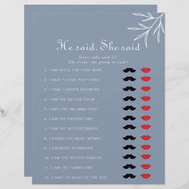 Dusty Blue sagte, sie sagte, Brautparty Game (Vorne/Hinten)