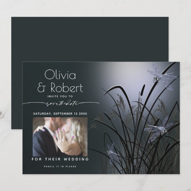 Dusty Blue Save the Date Moonlight Dragonfly Einladung (Vorne/Hinten)