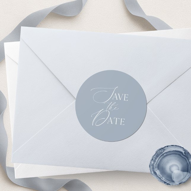 Dusty Blue Save The Date Script Wedding  Runder Aufkleber (Von Creator hochgeladen)