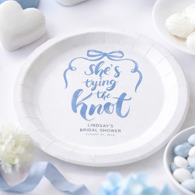 Dusty Blue Schleife Sie knüpft den Knoten Junggese Pappteller (Dusty Blue Bow Bridal Shower Paper Plates for Whimsical Celebration)