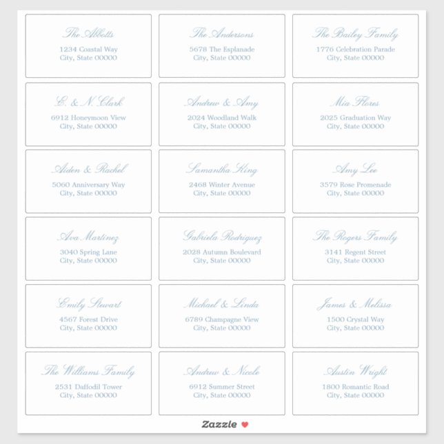 Dusty Blue Script 18 Étiquettes de adresse invités (Feuille)