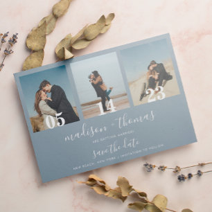 Dusty Blue Script 3 Foto Wedding Save the Date Magneteinladung