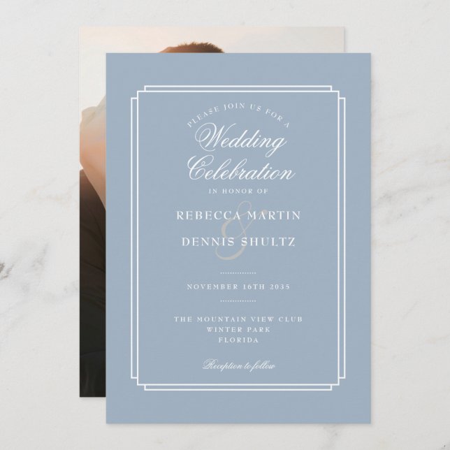 Dusty Blue Script Art Deco Foto Wedding Einladung (Vorne/Hinten)