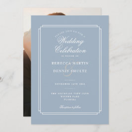 Dusty Blue Script Art Deco Foto Wedding Einladung