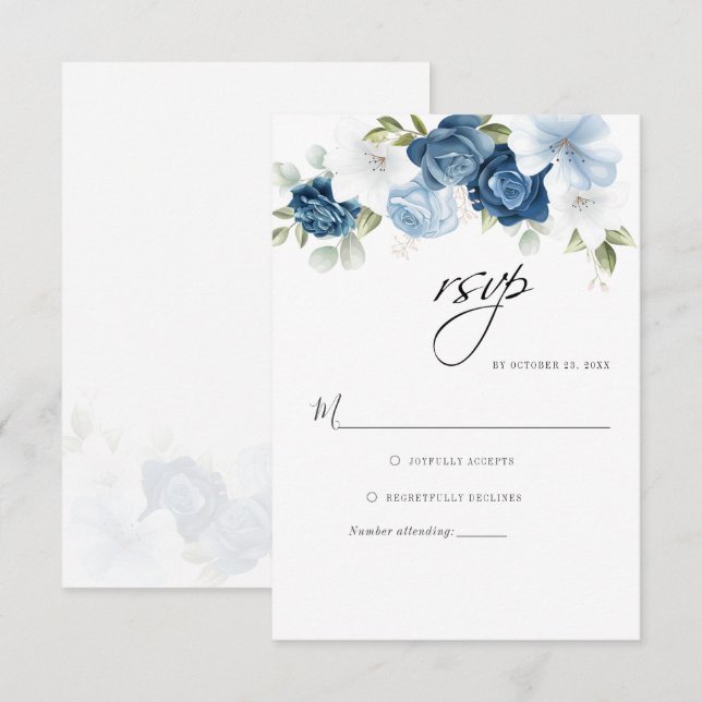 Dusty Blue Script Blumengrün Botanisch RSVP Karte (Vorne/Hinten)