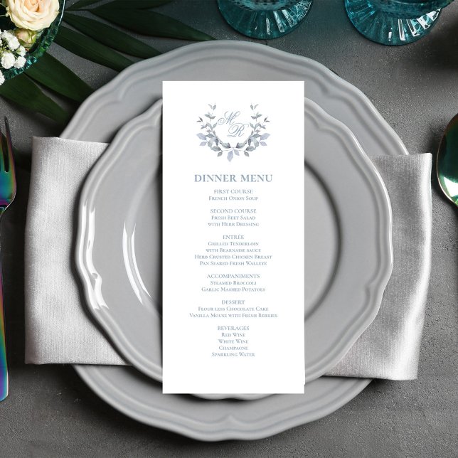 Dusty Blue Script Classic Mariage Dinner Menu (Dusty blue wedding menu card template. )