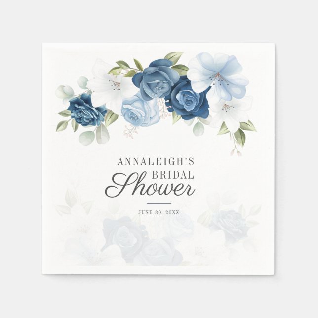 Dusty Blue Script Floral Brautparty Paper Serviette (Vorderseite)