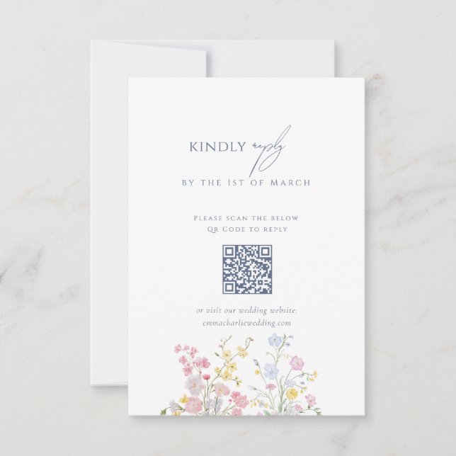 Dusty blue Script Floral Wildflower QR Code RSVP Karte (Vorderseite)