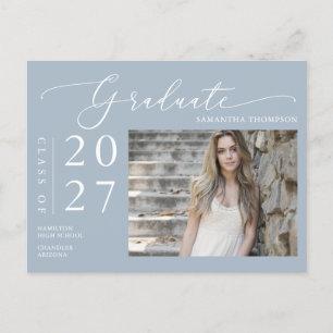Dusty Blue Script Graduate Announcement Foto Postkarte