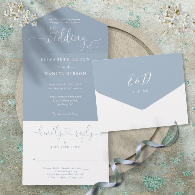 Dusty Blue Script Hearts Minimalistisch Wedding Al All In One Einladung (Dusty Blue Script Hearts Minimalist Wedding All In All In One Invitation)