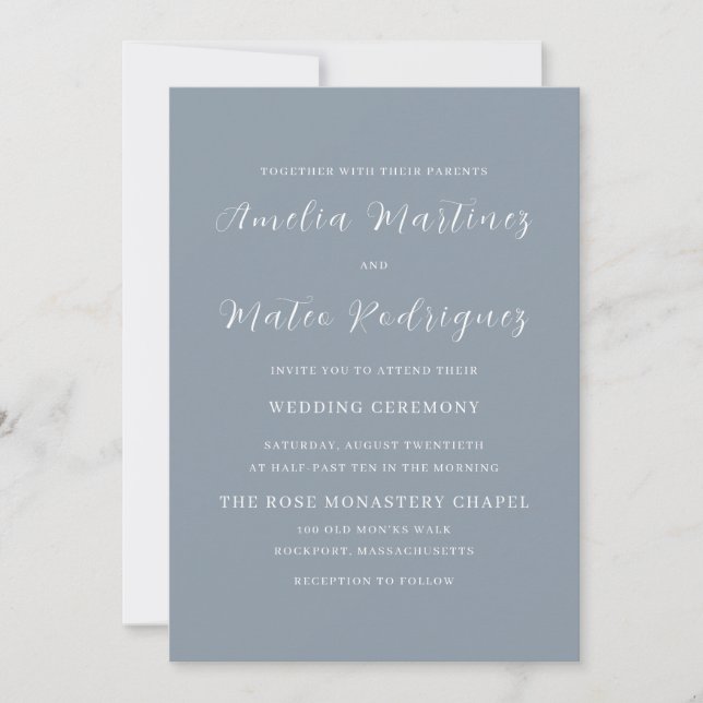 Dusty Blue Script Modern Wedding Einladung (Vorderseite)