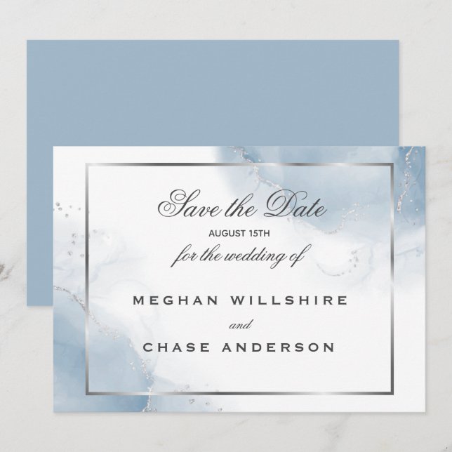 Dusty Blue Script Silver Save the Date Einladung (Vorne/Hinten)