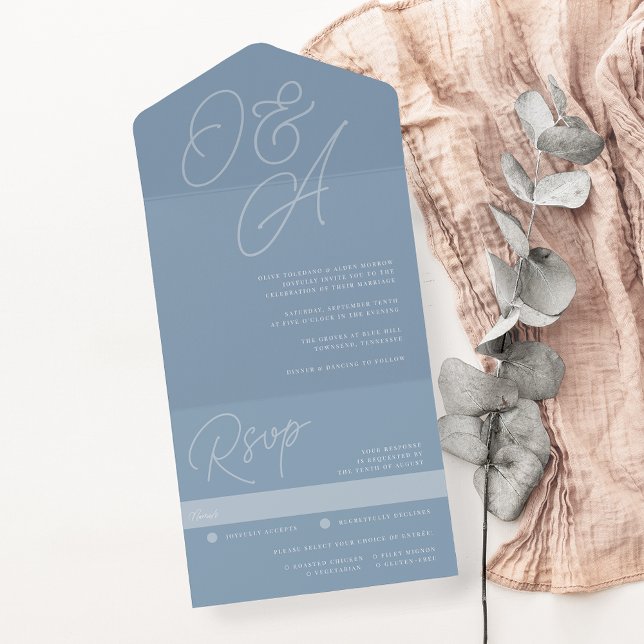 Dusty Blue | Script Watermark Monogram Wedding All In One Einladung (Von Creator hochgeladen)