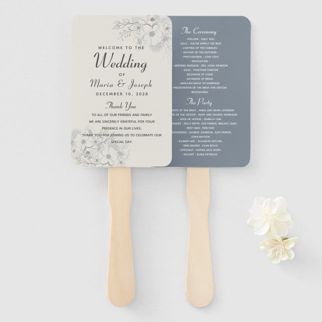 Dusty Blue Script Wedding Program Hand Fan Fächer (Vorne und Hinten)