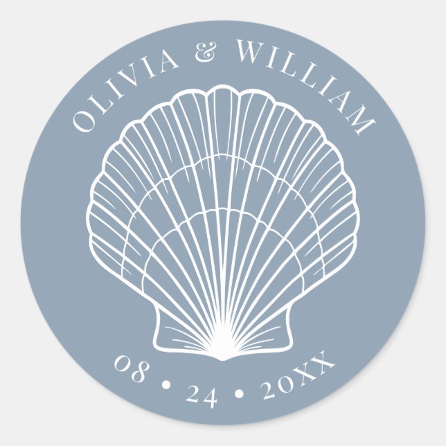 Dusty Blue Seashell Beach Coastal Wedding Runder Aufkleber (Vorderseite)