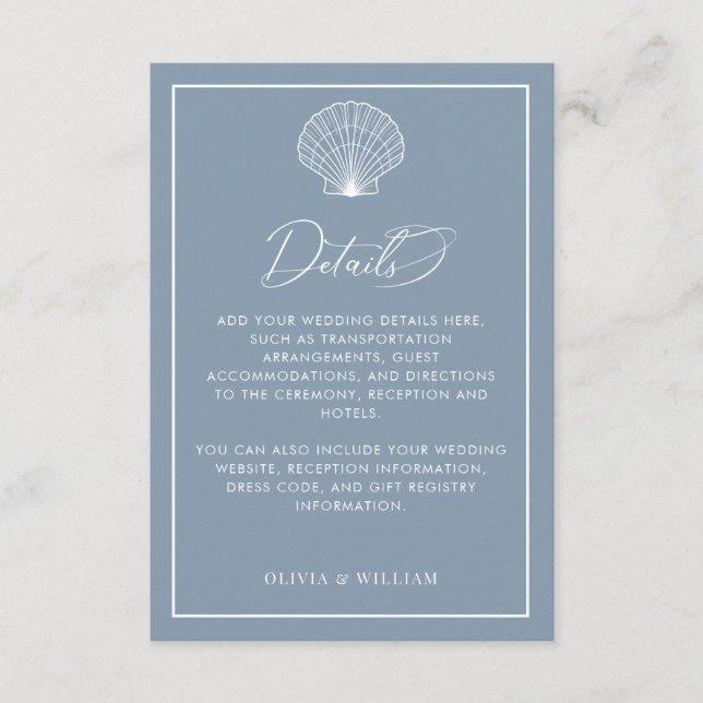 Dusty Blue Seashell Beach Hochzeitdetails Begleitkarte (Vorderseite)