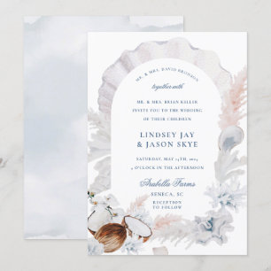 Dusty Blue Seashell Pampas Beach Arch Wedding Einladung