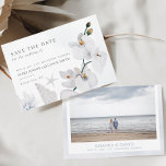 Dusty Blue Seashell White Orchid Beach With Photo Save The Date<br><div class="desc">Dusty Blue Seashell White Orchid Beach With Photo Save The Date This watercolor bridal shower features white orchids and blush pampas white dusty blue corals creating perfect beach wedding. It is perfect for beach, summer, blush, tropical, dusty blue, destination, oceanic themed wedding. You can edit/personalize whole Template. If you need...</div>