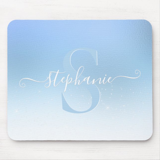 Dusty Blue Shimmer Sparkle Glitzer Monogram Mousepad (Vorne)