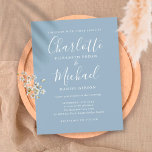 Dusty Blue Signature Script Hochzeit Einladungspostkarte<br><div class="desc">Diese elegante,  staubblaue Hochzeitseinladung,  die Sie mit Ihren Signaturnamen versehen,  kann mit Ihren Informationen in schicken Schriften personalisiert werden. Entwickelt von Thisisnotme©</div>