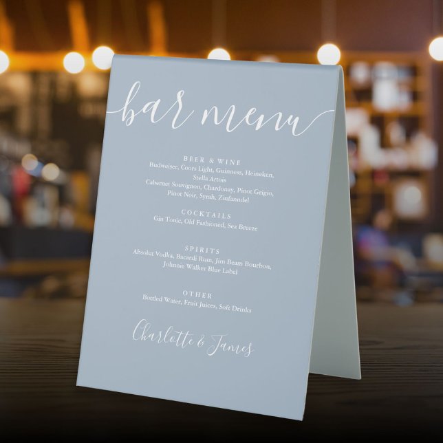 Dusty Blue Signature Script Wedding Bar Menu Tischaufsteller (Dusty Blue Signature Script Wedding Bar Menu Table Tent Sign)