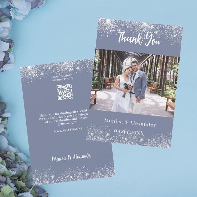 Dusty Blue silber QR Hochzeit Foto Dankeschön Kart Einladung (Von Creator hochgeladen)