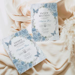 Dusty Blue Silver 16 . Geburtstag 16. Geburtstag Einladung<br><div class="desc">Die perfekte Einladung für den Sweet 16 Ihrer Tochter ist endlich da! Das schicke Design besticht durch elegante,  wasserfarbene,  babyblaue Rose,  süße Schmetterlinge und einen modernen ovalen silbernen Rahmen. Klicken Sie auf die Schaltfläche "Weitere Anpassung",  wenn Sie den Stil und die Position des Textes neu ordnen und formatieren möchten.</div>