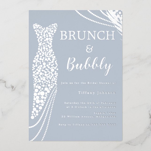 Dusty Blue & Silver Brautparty Brunch & Bubbly Folieneinladung (Vorderseite)