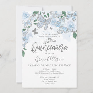 Dusty Blue Silver Butterfly Quinceanera Einladung