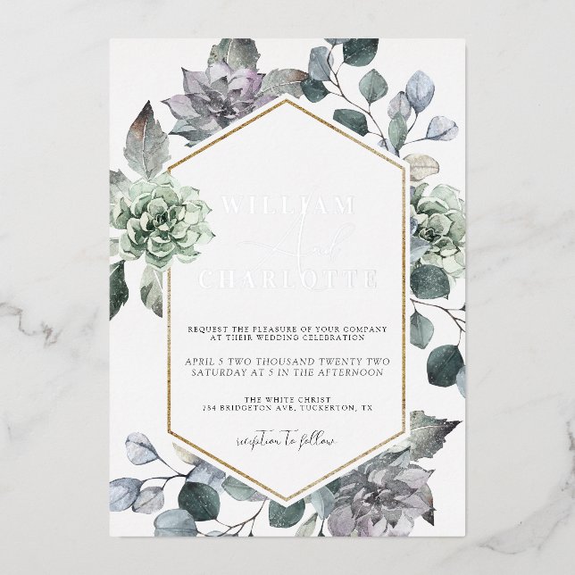Dusty Blue & Silver Desert Greenerity Wedding Folieneinladung (Vorderseite)