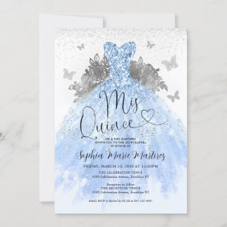 Dusty Blue Silver Dress Mis Quince Quinceañera Einladung