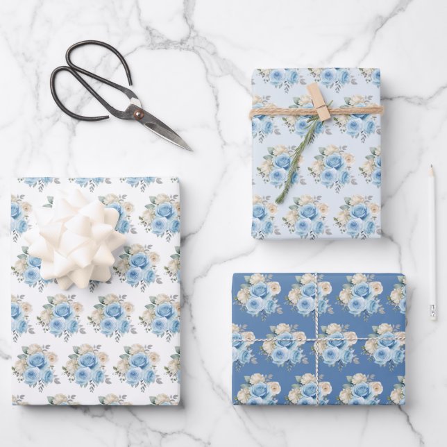 Dusty Blue Silver Elegant Flowers Geschenkpapier Set (Vorderseite)