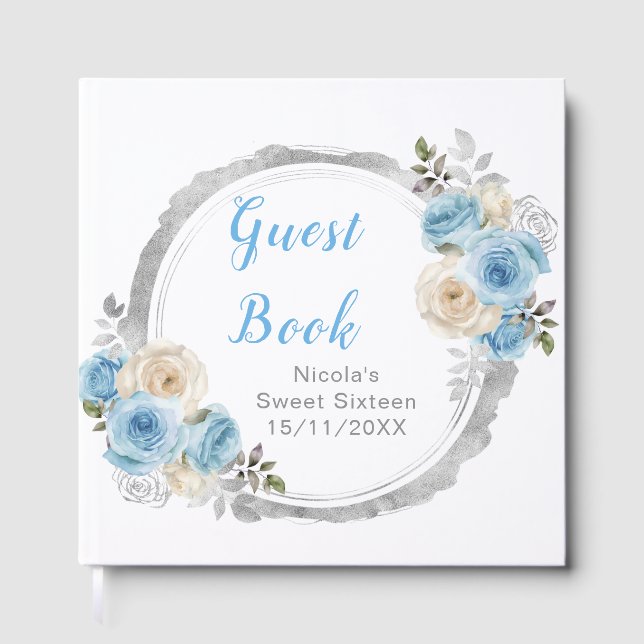 Dusty Blue Silver Elegant Flowers Sweet Sixteen Gästebuch (Vorderseite)