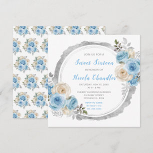 Dusty Blue Silver Elegante Blume 16 . Geburtstag Einladung