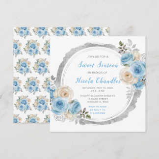 Dusty Blue Silver Elegante Blume 16 . Geburtstag Einladung