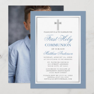 Dusty Blue Silver First Holy Communion Foto Einladung