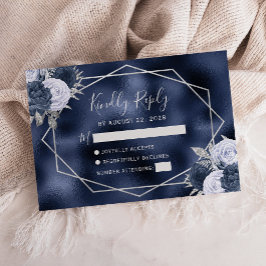 Dusty Blue Silver Floral Geometric Navy Foil RSVP Karte