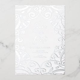 Dusty Blue Silver Floral Leaf Lace Wedding Folieneinladung