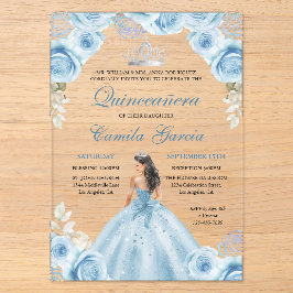 Dusty Blue & Silver Floral Princess Quinceañera Acryleinladungen