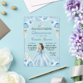 Dusty Blue & Silver Floral Princess Quinceañera Acryleinladungen