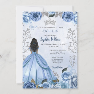 Dusty Blue Silver Floral Princess SWEET 16 Einladung